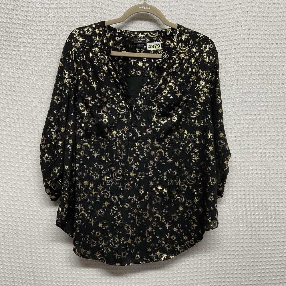 Torrid Harper Georgette Blouse Sz Large 0 Black Celestial Moon Star Galaxy Print